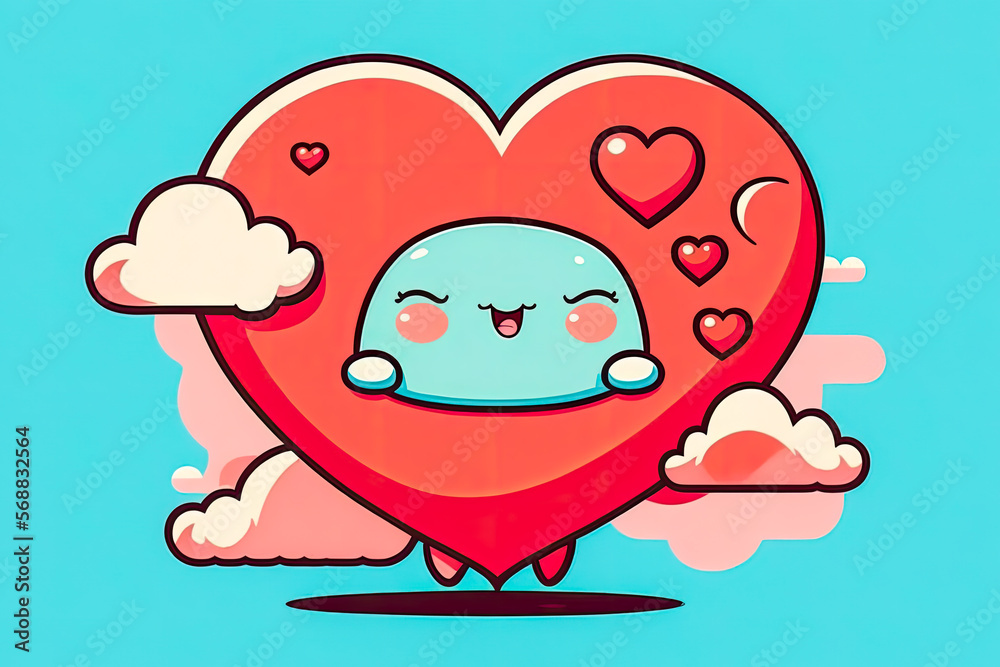 cute kawaii style heart-shaped Valentine's Day character, vector, colorful, heart, outline illustration, 