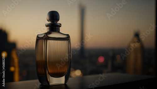 Clean perfume bottle on a sunset created with Generative AI
