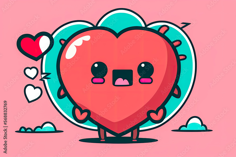 Fototapeta premium Valentine's Day gift card, vector, colorful, heart, outline illustration, cute kawaii style heart-shaped Valentine's Day character