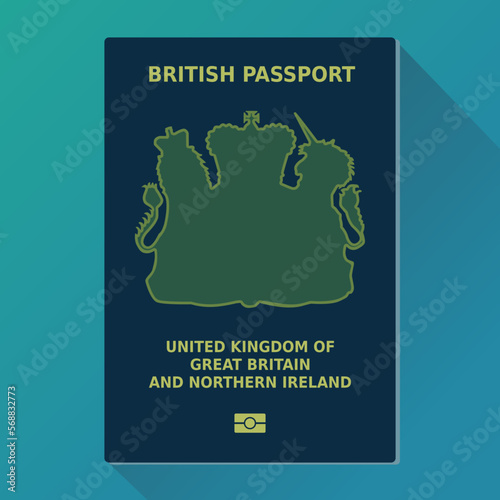 British passport with its shadow isolated on a blue background (flat design)