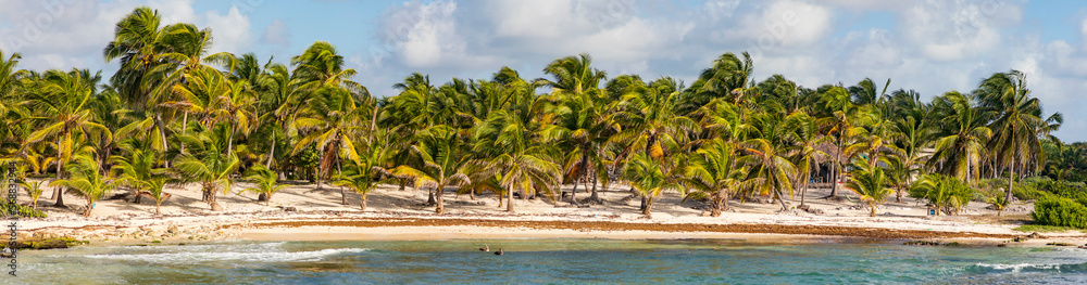 Costa Maya im Süden der Yucatan-Halbinsel in Mexiko. Blick von der Pier aus auf die Küste mit Palmen in Mahahual, Panorama. Costa Maya im Süden der Yucatan-Halbinsel in Mexiko. Blick von der Pier aus auf die Küste mit Palmen in Mahahual, Panorama.