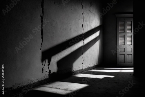 Empty night dark room and moonlight through the window  dark corridor with sun rays. AI