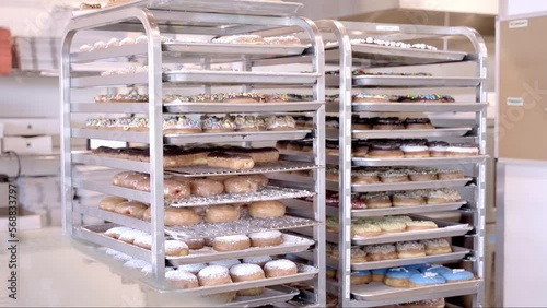 Bakery shelves keeping a lot of different types of fresh baked donuts in a shop in Los Angeles