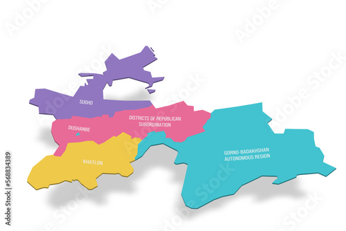 Tajikistan political map of administrative divisions - regions, autonomous region of Gorno-Badakhshan, districts of Republican Subordination and capital city of Dushanbe. 3D colorful vector map with