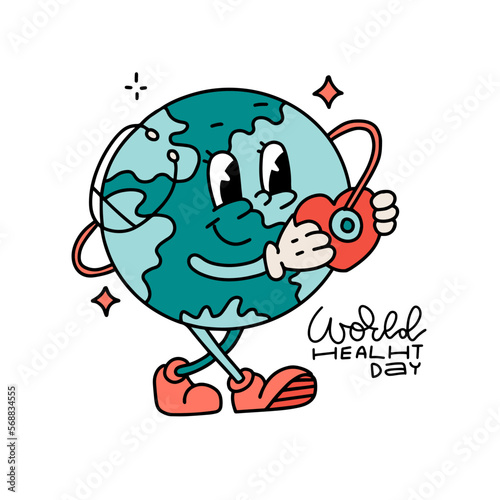 Globe character holding heart and stethoscope greetinf card design template. World Health Day. World Health Day retro cartoon mascot character. World Health Day idea campaign concept. Vector mascot