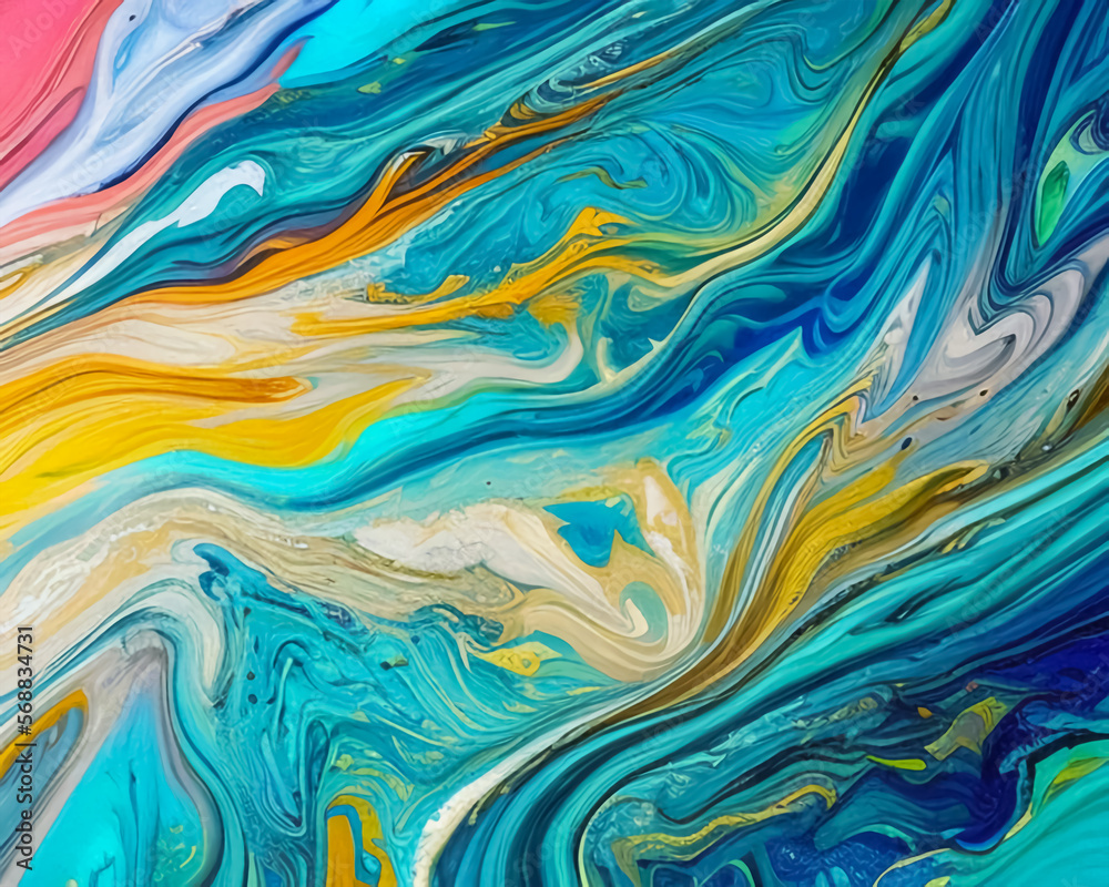 Obraz premium Mixed paints, paint stains, liquid paints, modern fluid background. fluid art .Fashionable pattern. AI 