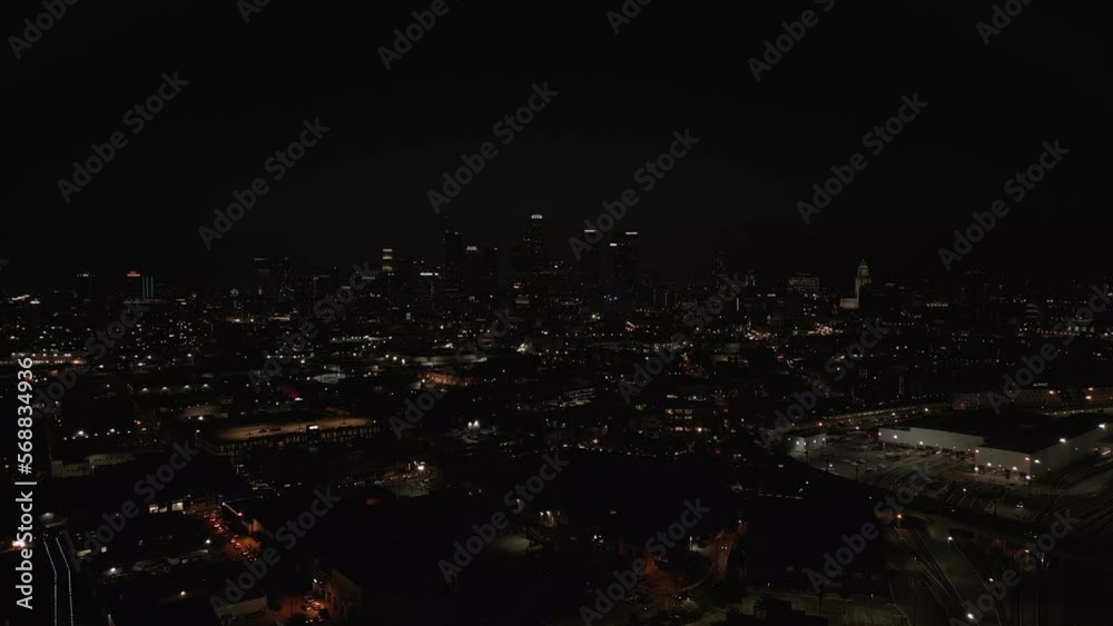 Aerial drone view of the the downtown district in Los Angeles during the night Aerial drone view of the the downtown district in Los Angeles during the night