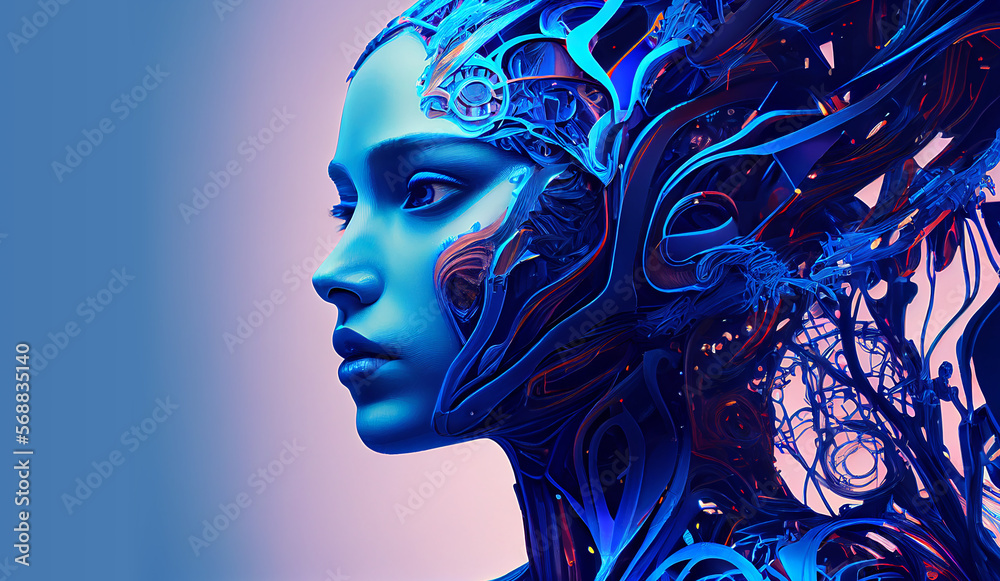 Generative AI painting. Close up portrait of android robot. Viw of face of female cyborg with artificial intelligence parts. Blue colors with copy space. Generative AI painting. Close up portrait of android robot. Viw of face of female cyborg with artificial intelligence parts. Blue colors with copy space.