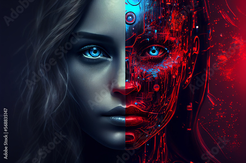 Generative AI painting. Close up front view portrait of robot. Female cyborg. Woman half-robot with artificial intelligence parts. Blue and red colors. Tech concept.