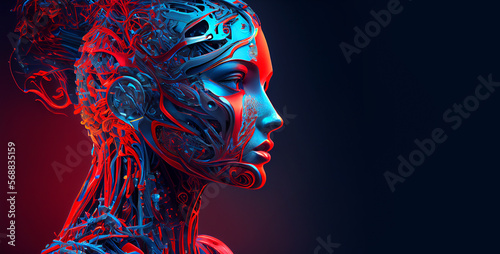 Generative AI. Close up portrait of android robot. Side face view of female cyborg. Woman half-robot with artificial intelligence parts. Blue and red colors with copy space. Modern tech concept.