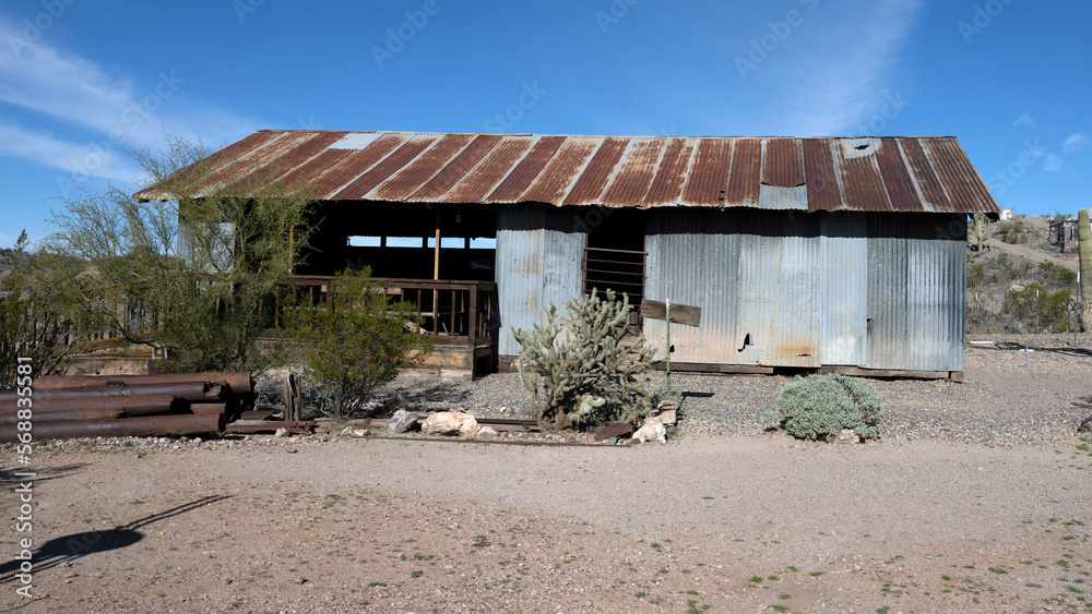 A rusty metal roof on an old Arizona shack