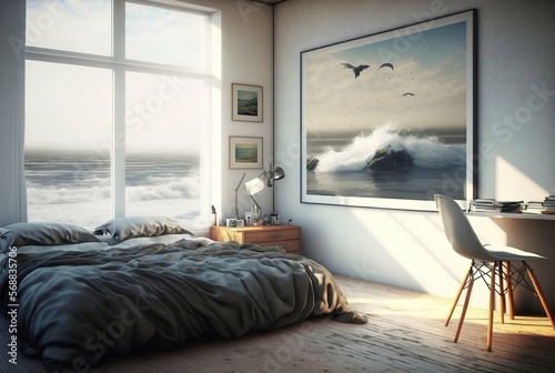 Minimalist room with sea views. Interior design concept.      Generative AI photo