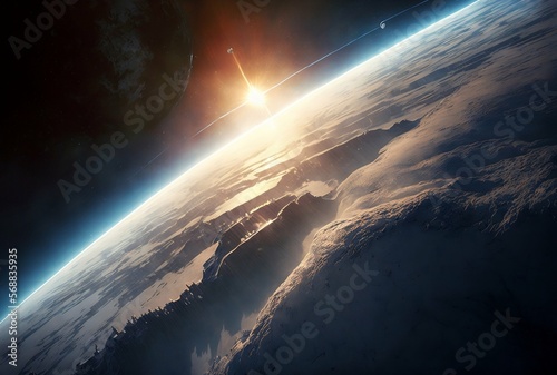 The sun rising from the earth. Sunrise landscape over the planet. Visit from space. Created with generative AI 