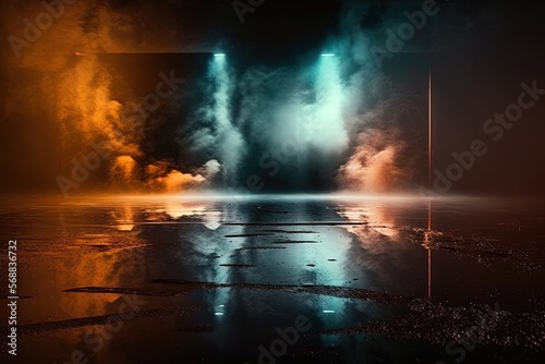 Empty night dark scene with neon light and thick smoke, neon reflection on wet concrete pavement. AI