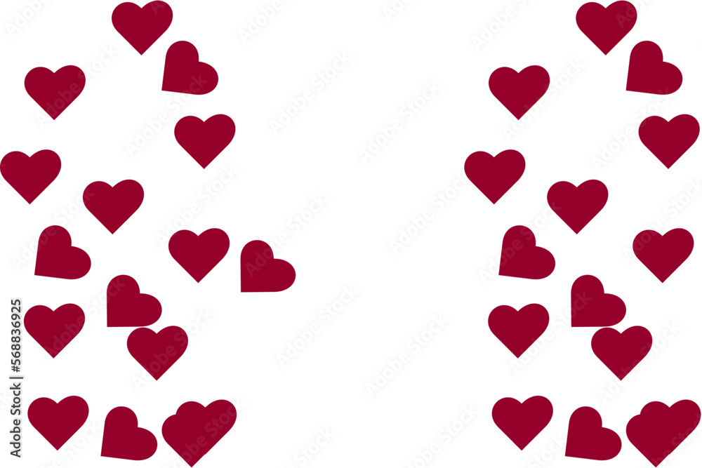 Red flying hearts isolated on white background. border or frame design