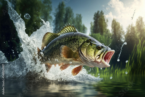 Largemouth Bass Jumping Spring created with Generative AI Technology, ai, generative