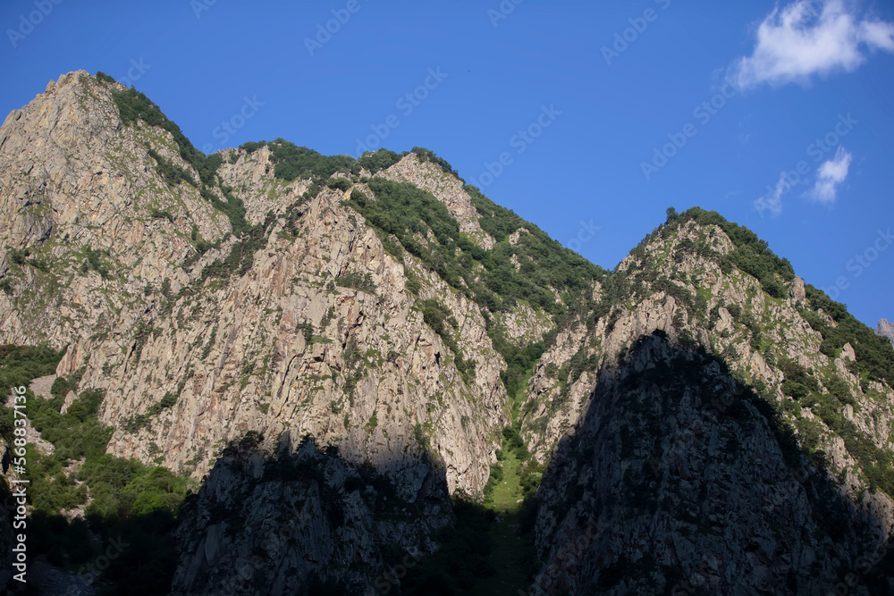 Rocky mountains covered with vegetation against the blue sky.