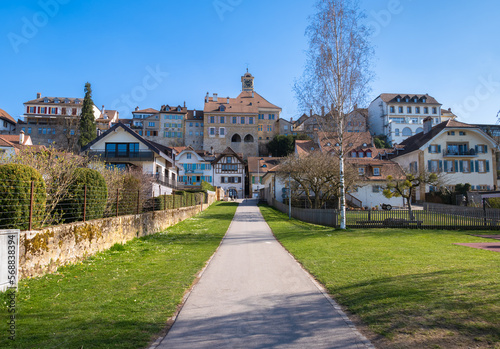 Murten, Switzerland - March 24, 2022: Murten or Morat is a German and French-speaking medieval town on the south-eastern shore of Lake Murten