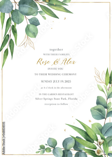 Watercolor vector hand painted wedding invitation card template. 