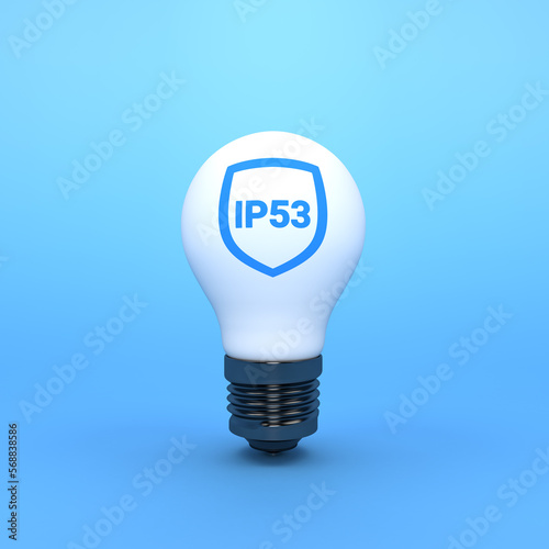 Light bulb is isolated on a light blue background.  IP53 protection. Lighting equipment. 3D rendering. Illustration. photo