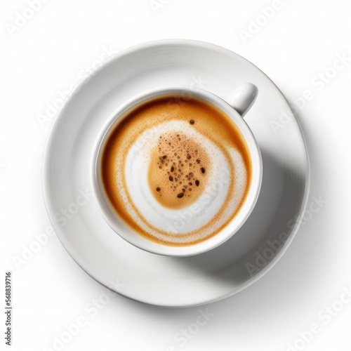 Picture of white cup and saucer with freshly brewed capuccino.. Isolated Beverage design view from the top, perspective