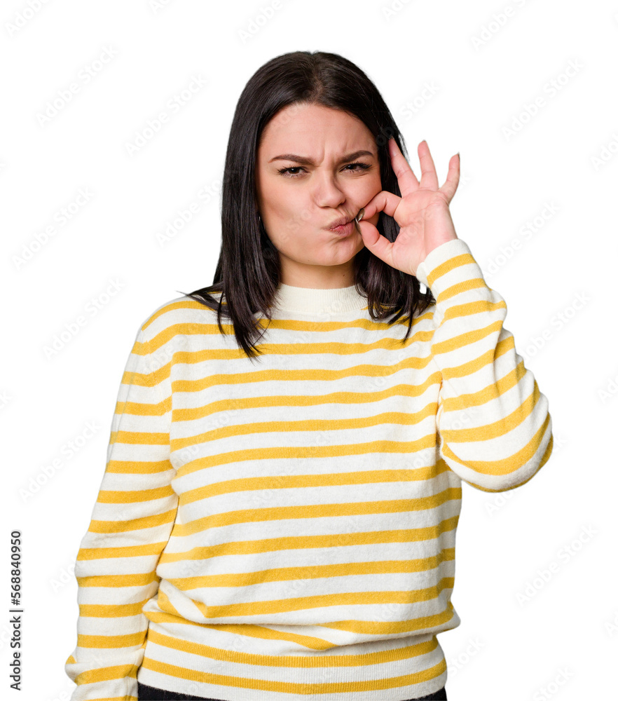 Young caucasian woman isolated with fingers on lips keeping a secret. Young caucasian woman isolated with fingers on lips keeping a secret.