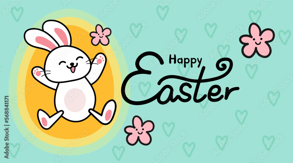 Easter day card or banner, poster, Happy Easter day. happy easter card. - easter Bunny, cute rabbit, eggs, flowers elements, happy bunny, smile bunny. vector illustration