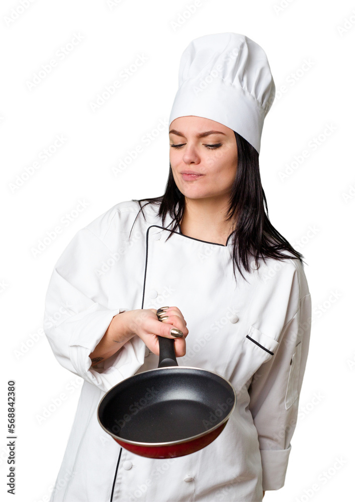 Young cook woman holding a frying pan isolated Young cook woman holding a frying pan isolated