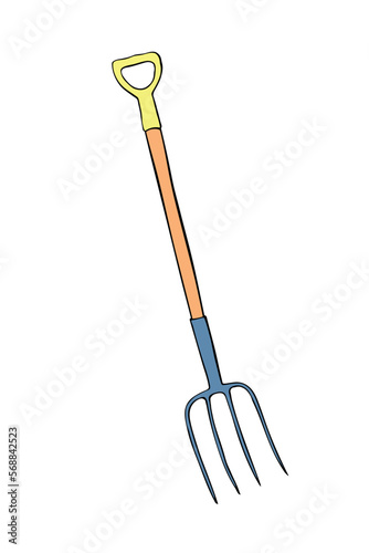 Pitchfork icon. Gardening equipment. Hand drawn colorful vector illustration in doodle flat style, isolated. Tool for working in garden, on farm, country site