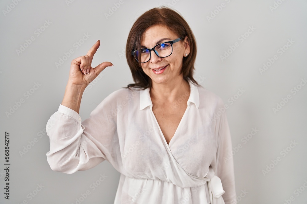Middle age hispanic woman standing over isolated background smiling and confident gesturing with hand doing small size sign with fingers looking and the camera. measure concept. Middle age hispanic woman standing over isolated background smiling and confident gesturing with hand doing small size sign with fingers looking and the camera. measure concept.