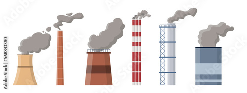 Vector set of icons of plants and factories, made in cartoon style, isolated on a white background. Industrial complex. Pollution of the environment, emissions into the atmosphere