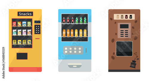 Vector set of food and drink vending machines in cartoon style. Chips, cookies, cola, coffee, tea in free and convenient access. Lots of snack options.