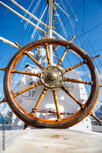 Wooden vintage Ship wheel, Sailboat helm.