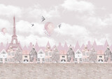 Children's illustration of the old city with balloons. Paris. Children's plot for wallpaper, background, postcard.