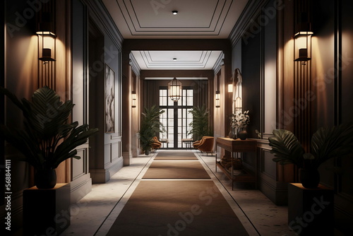 Elegant Modern Hotel Corridor with Light Lamp Generative AI