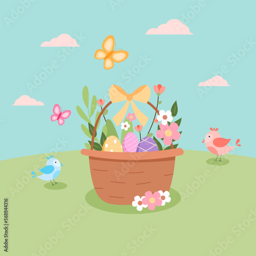 Easter egg basket with flowers welcome spring card with cute elements hand drawn cartoon elements