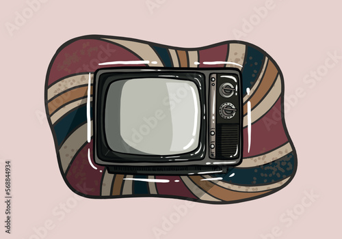 Vector illustration. Analogue retro TV with antenna, channel and signal selector.Retro Television box. Clip art with contour for graphic design. Isolated on white background
