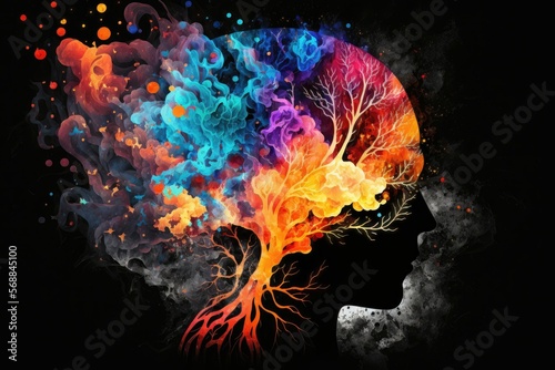 Fiery creativity as human brain silhouette. Generative AI