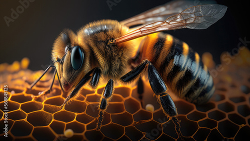 close up of a bee on honeycomb with honey, realistic dark background, studio, illustration 3d digital design art style. generative ai © Assyifa Sisters