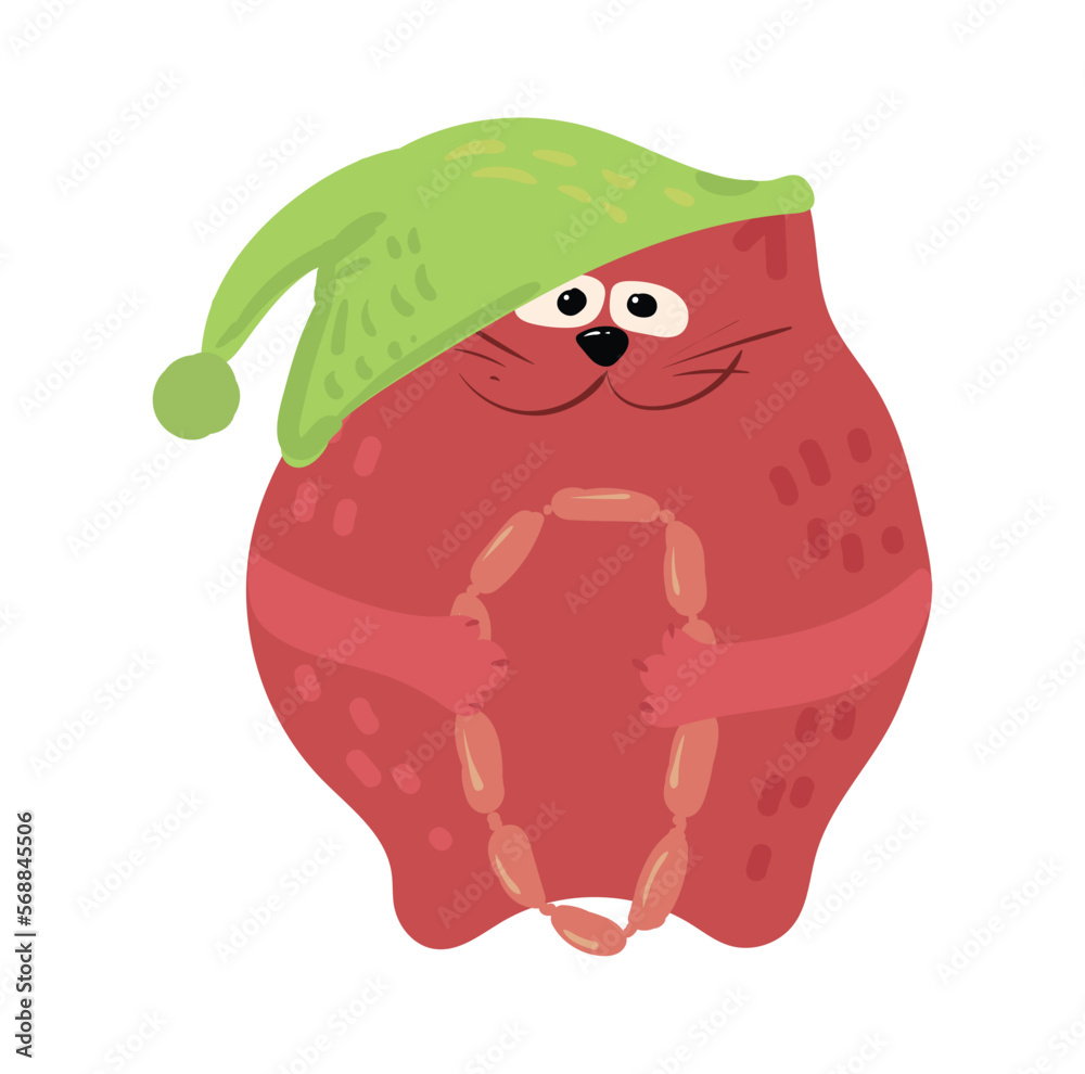 Funny cute fat cat in a green hat holds sausages in its paws. Vector isolated image on a white background for a postcard Funny cute fat cat in a green hat holds sausages in its paws. Vector isolated image on a white background for a postcard
