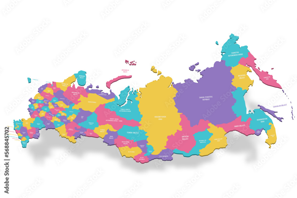 Obraz premium Russia political map of administrative divisions - oblasts, republics, autonomous okrugs, krais, autonomous oblast and 2 federal cities of Moscow and Saint Petersburg. 3D colorful vector map with name
