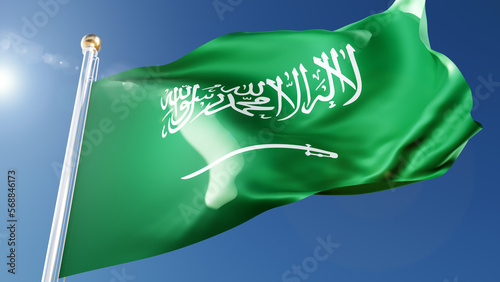 saudi arabia flag waving in the wind against a blue sky. Kingdom of Saudi Arabia national symbol on flagpole, 3d rendering