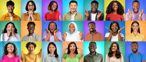 Diverse Excited Multiethnic People Posing Over Colorful Studio Backgrounds