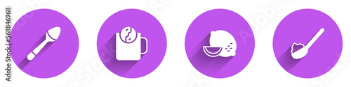 Set Teaspoon, time, Lemon and Spoon with sugar icon with long shadow. Vector