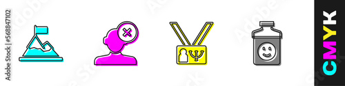 Set Mountains with flag on top, Solution problem psychology, Psychology and Antidepressants icon. Vector