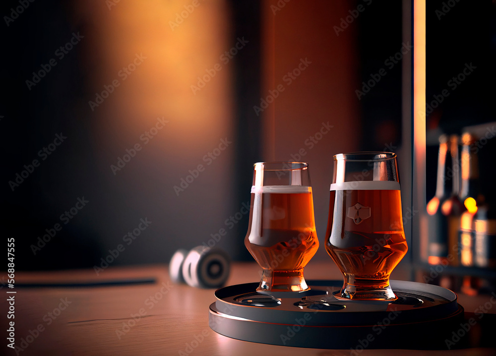 Glasses of beer on wooden table. AI generated. Glasses of beer on wooden table. AI generated.