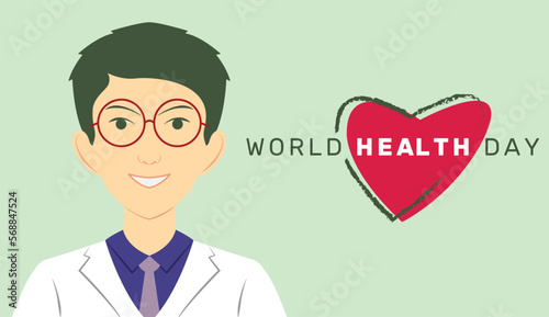 World health day banner with doctor cartoon character