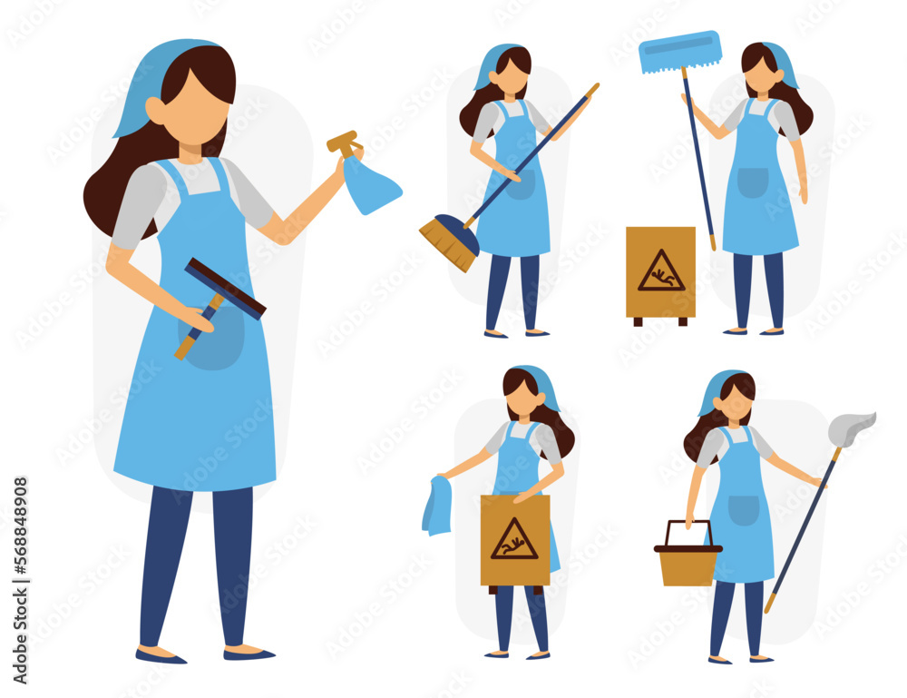 Set of female maid or housekeeper in cartoon characters vector Set of female maid or housekeeper in cartoon characters vector