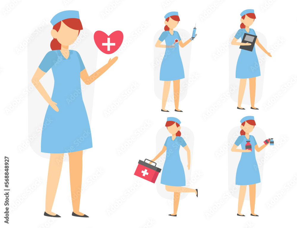 Set of nurse in cartoon character different actions vector Set of nurse in cartoon character different actions vector