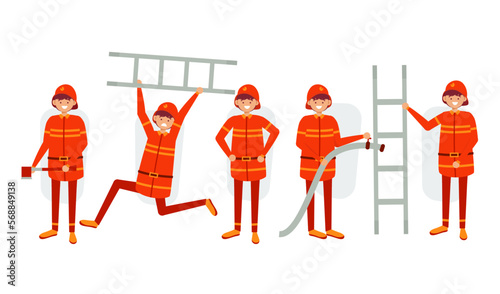 set of  firefighter staff in cartoon character with different actions vector illustration